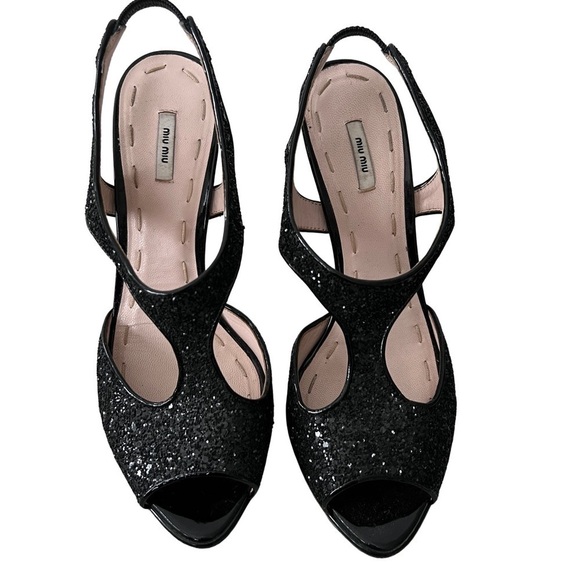 Miu Miu Black Sparkly Glittery Leather Platforms Size 8 - Picture 2 of 11